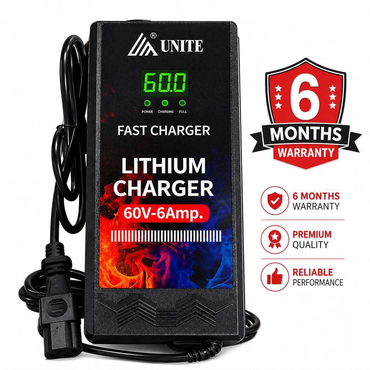 60v 6Amps - 67.2v Cut Off - FIBER BODY with Digital Display - Li Ion Charger - 6 Months Warranty